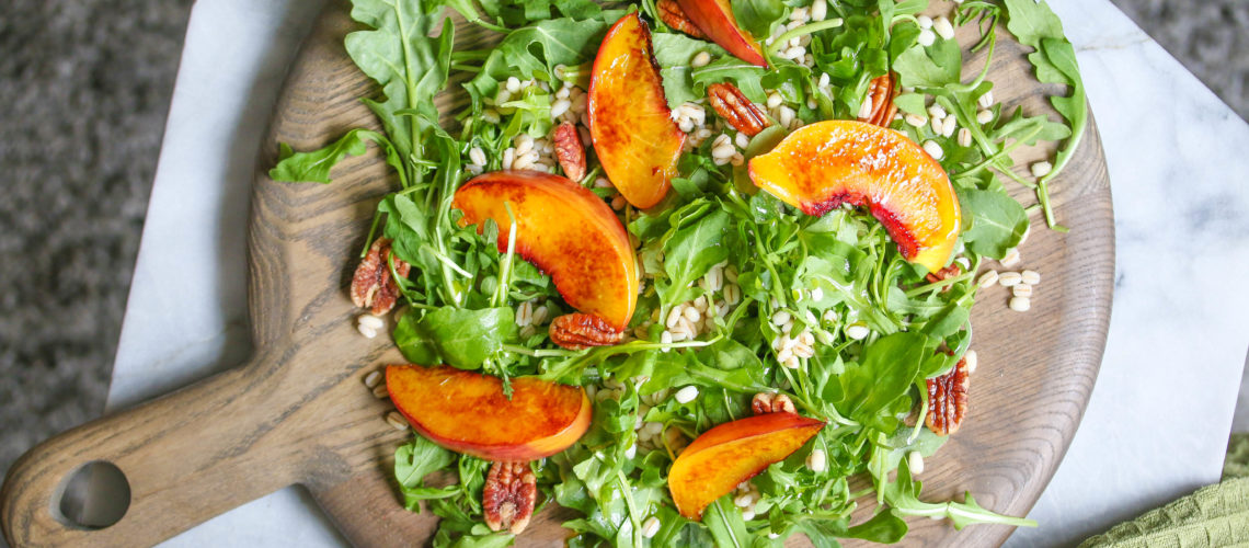 Charred peach barley salad